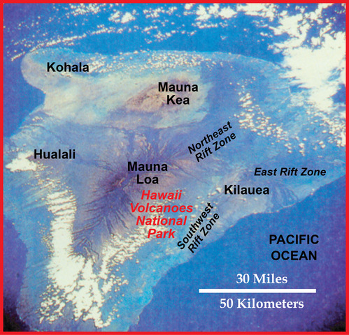 aerial photo of hawaii with volcanic peaks labeled