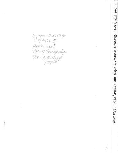 ZION 5087 Superintendents Monthly Report 1930 10