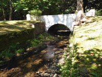 A white arched and bridge is over the creek.