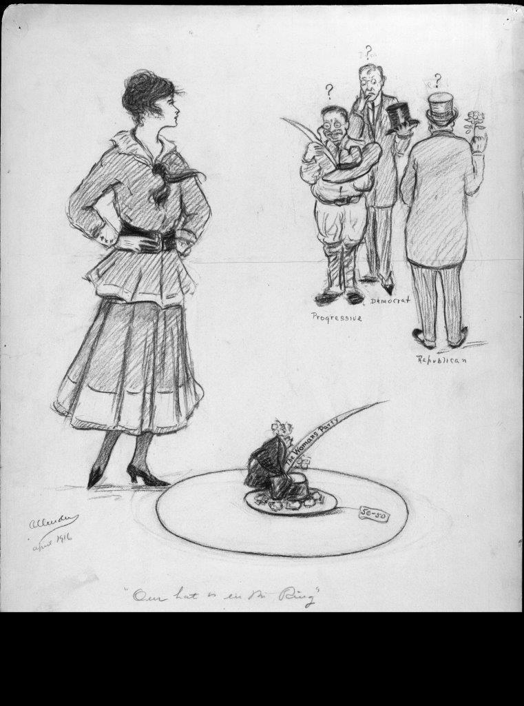 Drawing of a stylish young woman with hands on hips standing next to a hat inside a ring. Three puzzled men look on, one with back turned.