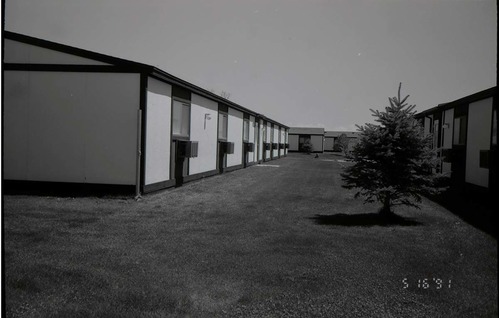 Backside of barracks with landscaping between buildings. [Image possibly for comparative housing study]