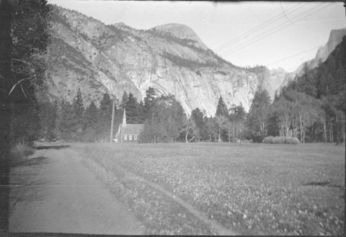 Church & meadow in Yosemite Valley, Half Dome at extreme right. Copied from Thomas Harris' original negative by Michael Dixon, October 1984.