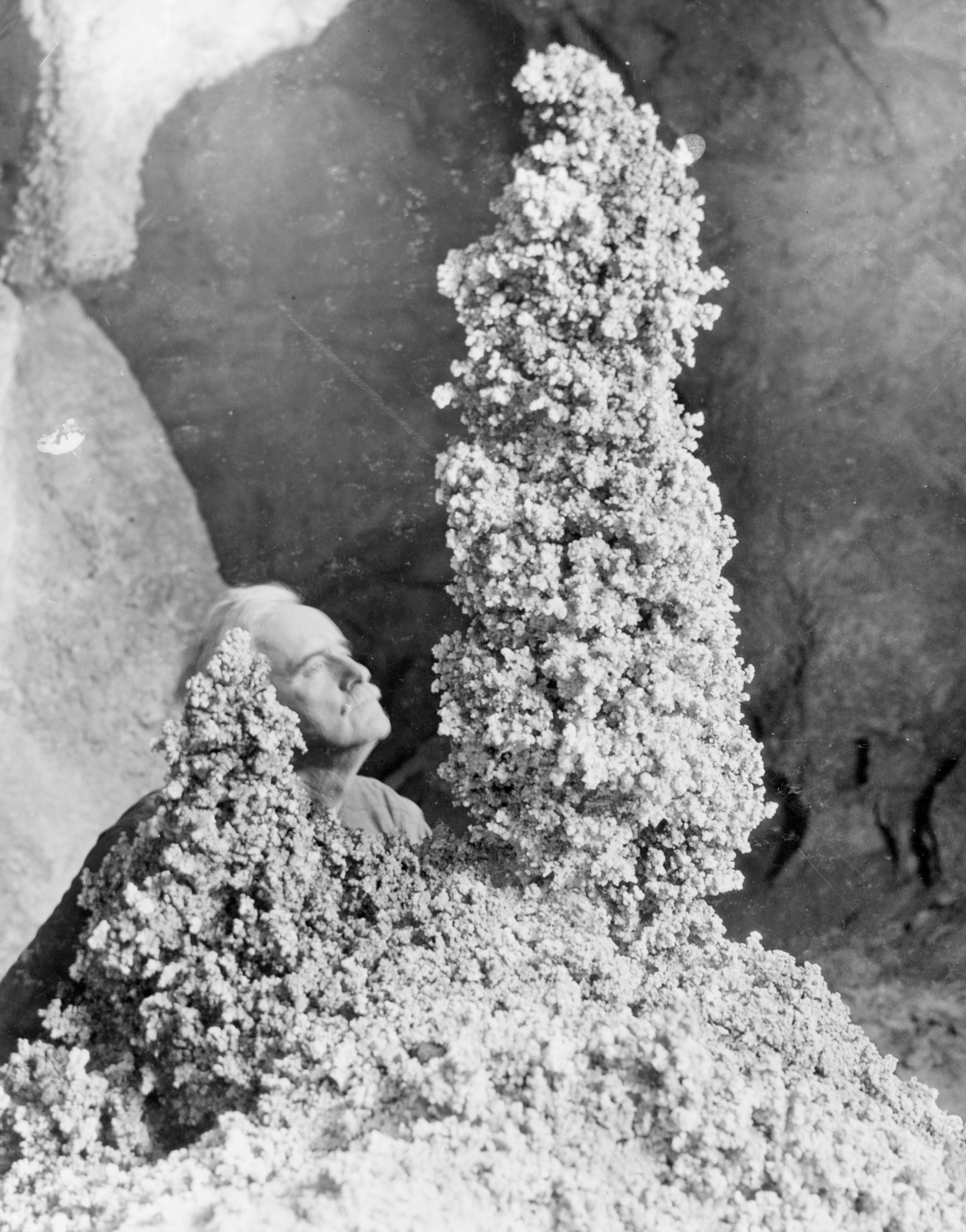 A black and white photograph of an older man looking up at a speleothem. 