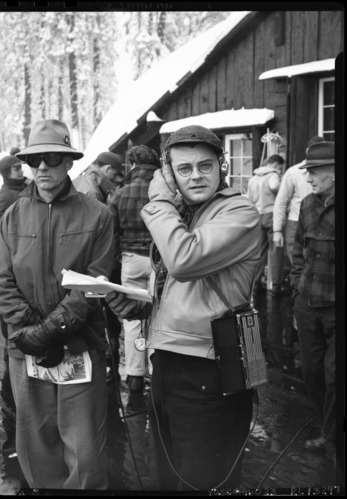 Dr. Joel Hildebrand being interviewed by Bob Dumm for radio transcription after a ski meet