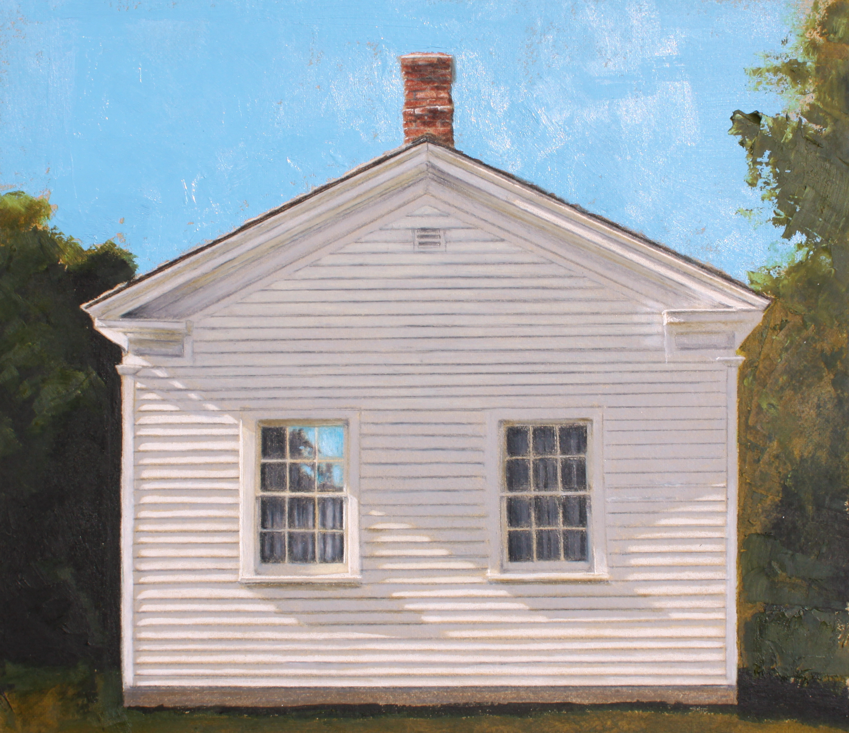 A painting depicts the two-windowed side of an 1800s one room schoolhouse.