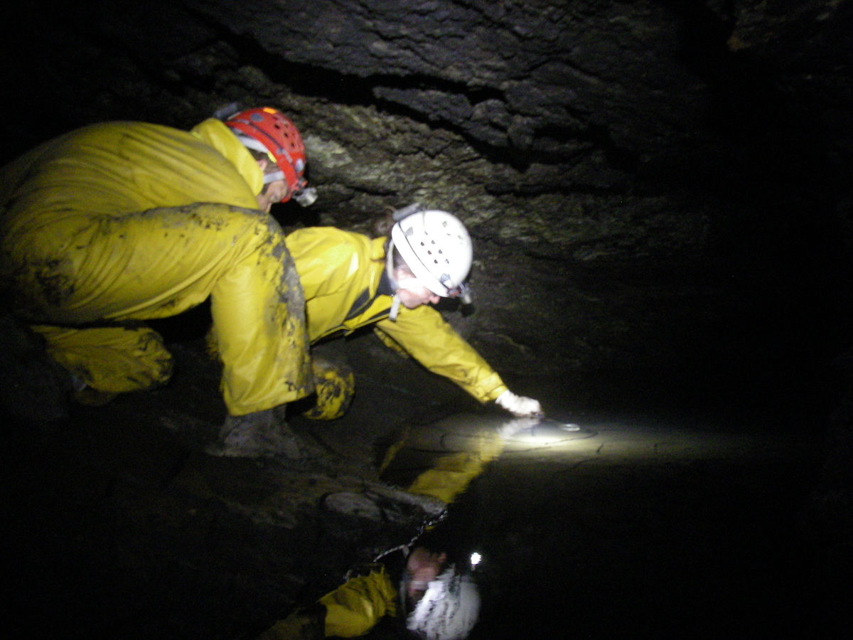 Two cavers in yellow suits reach into a dark cave pool with a measuring device.