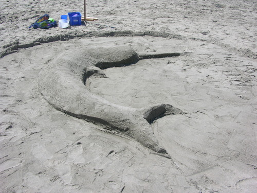 A sand sculpture of a narwhal.