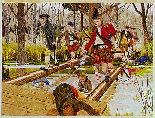On February 27, 1776, Highlanders, ex-Regulators and other loyalist soldiers lead by Captain John Campbell attempted to cross a partially destroyed footbridge with greased girders at Moores Creek.