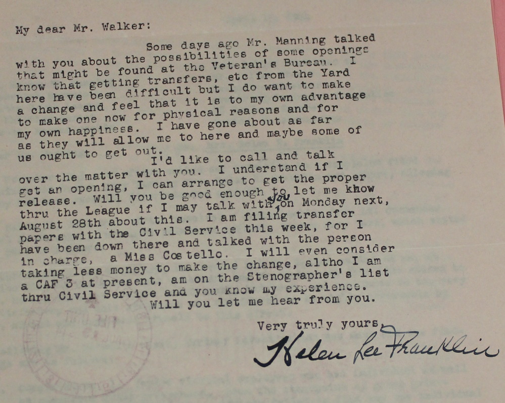 Letter from Helen Lee Franklin to Mr. Walker of the War Manpower Commission.