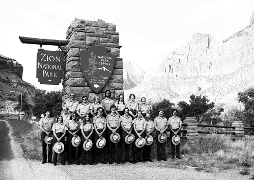 The resource management/law enforcement division group picture, 1979 crew, Superintendent John O. Lancaster second from right.