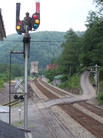 railroad tracks and crossing with buildings in background