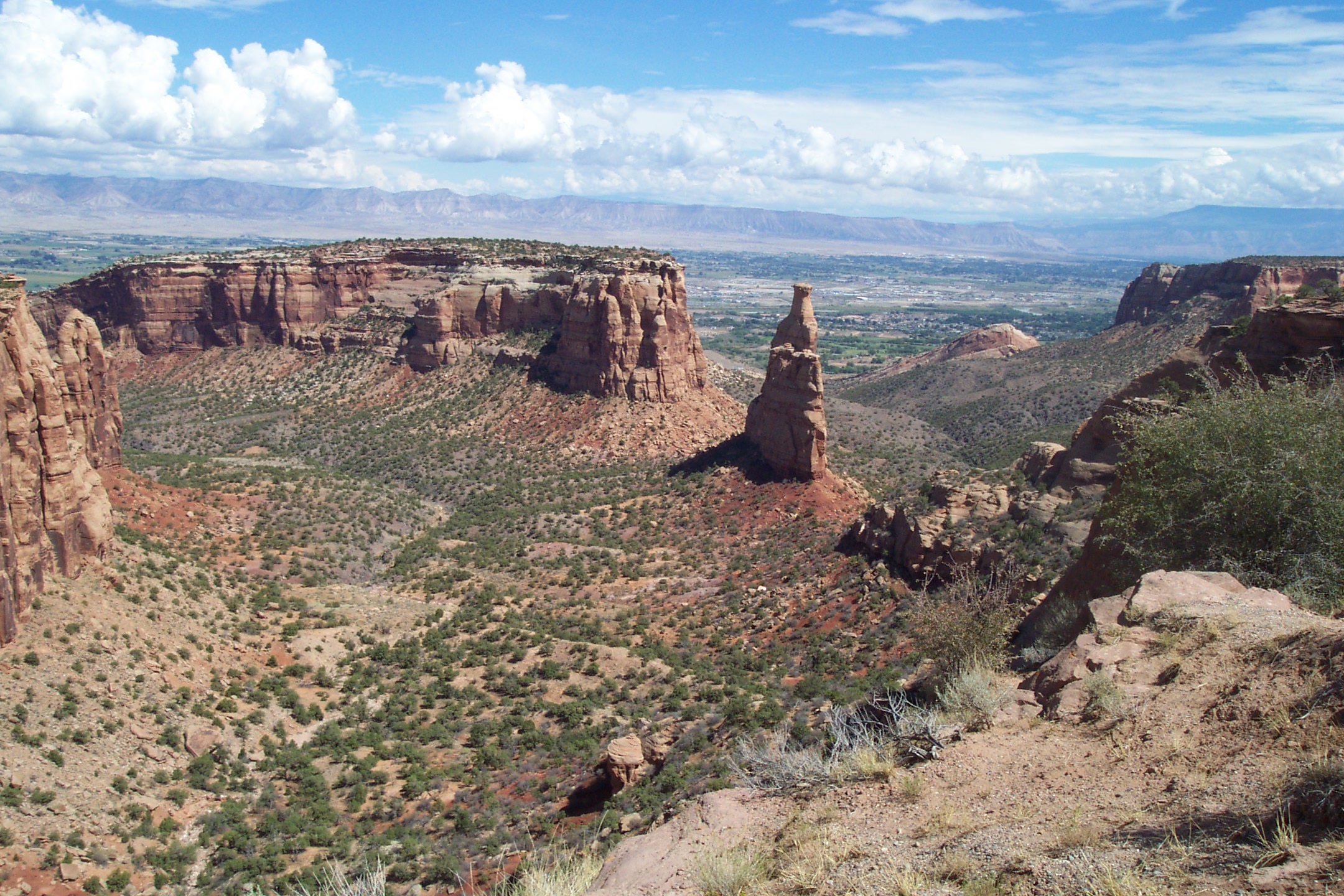 towers and mesas of brown rock in the midground with shrubby desert ground taking up most of the foreground