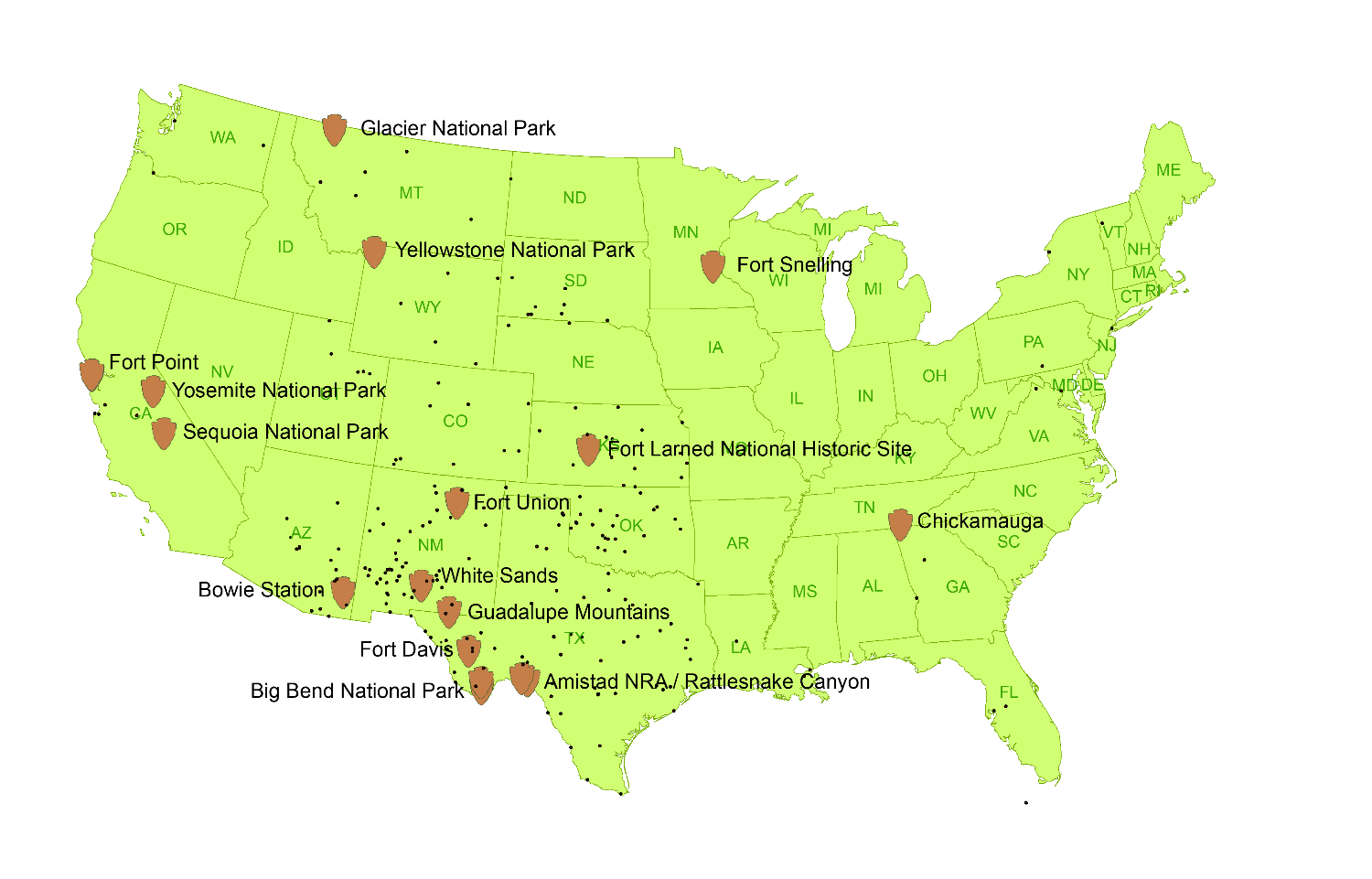 Map of the United States displaying Buffalo Soldier sites associated with the National Park Service