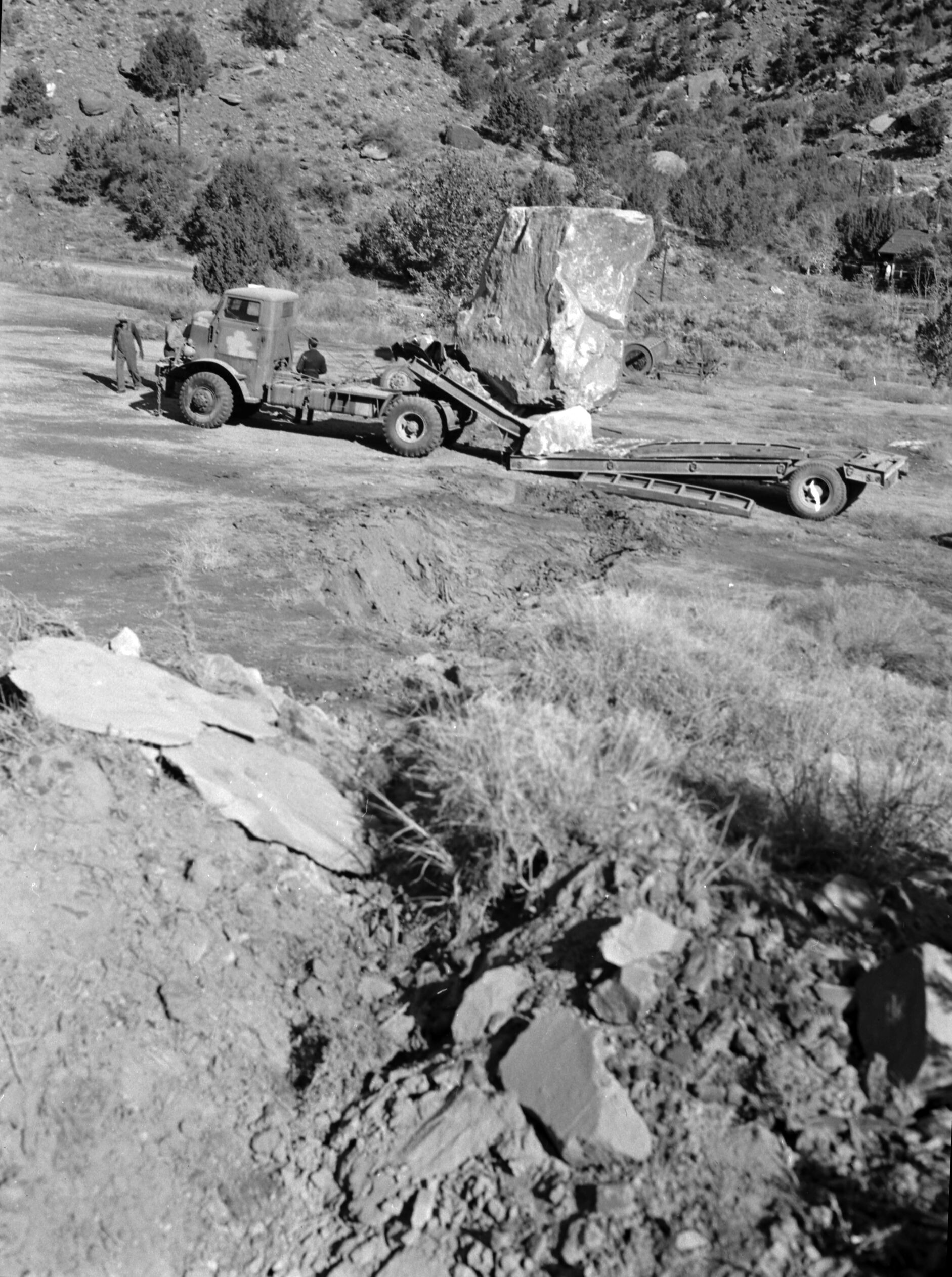 B&W negative of rock slide near Temple of Sinawava. [Scratches, pits]