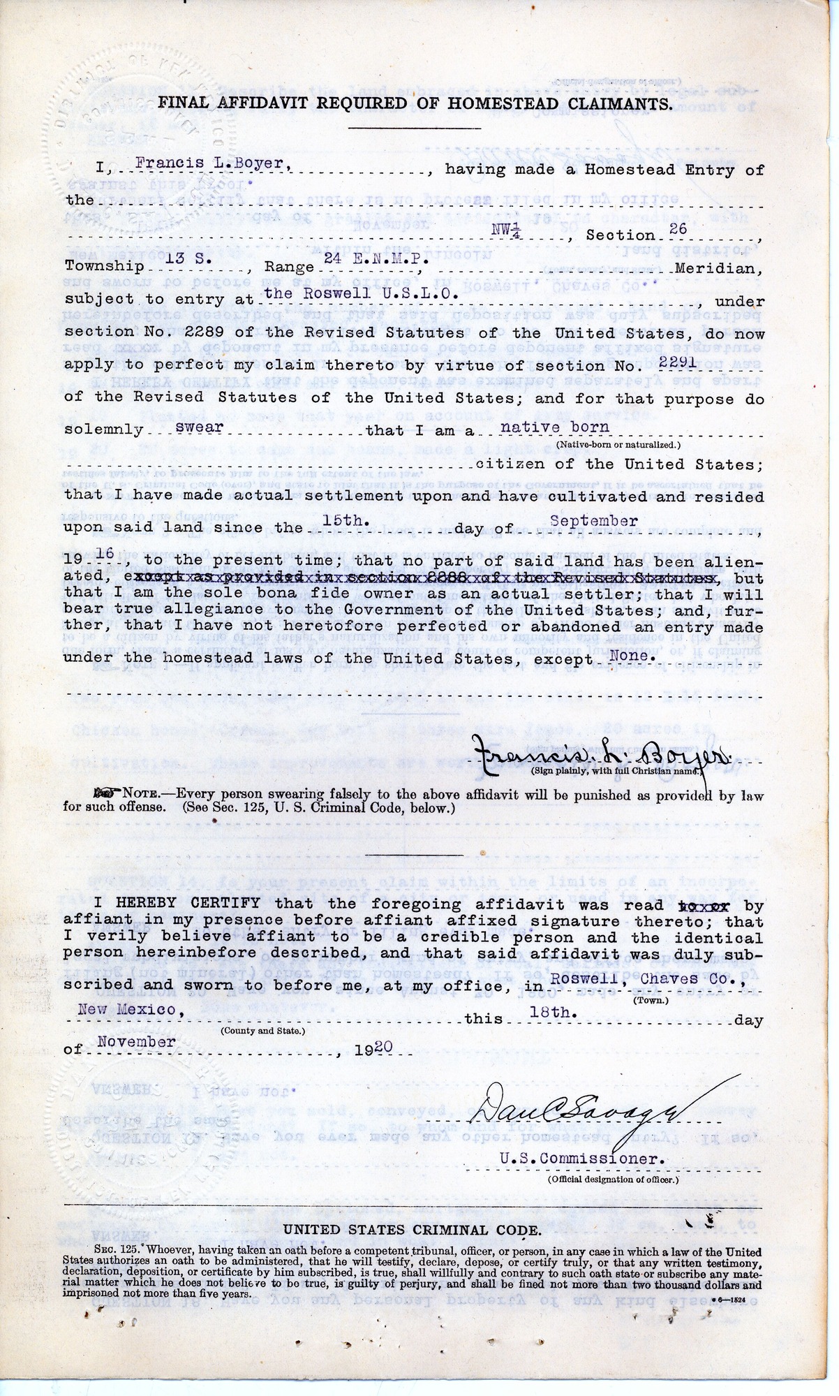 Scanned image of a final affidavit form. See description for text.
