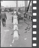 Alma (built 1891; scow schooner)  mast and rigging repair work. Three photographs of the replacement of Alma's (built 1891; scow schooner) mast in 1984.