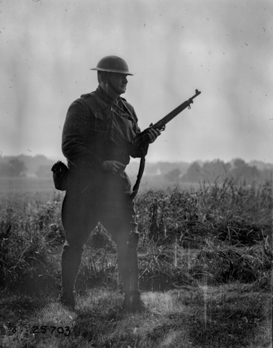 A man in a brown wool uniform stands with a rifle in front of a farm field. 