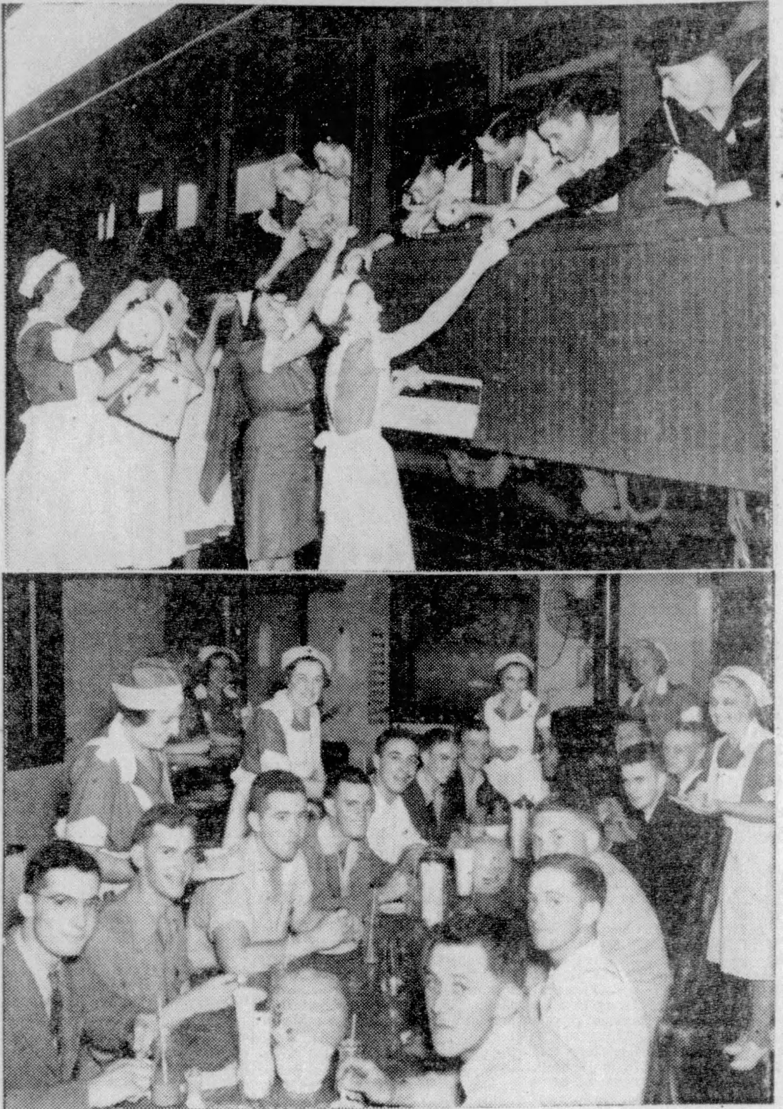 Two black and white photos stacked vertically. Both show white women in aprons and white caps with Red Cross logo serving men in uniform through the windows of a train (top) and at a long table (bottom). 