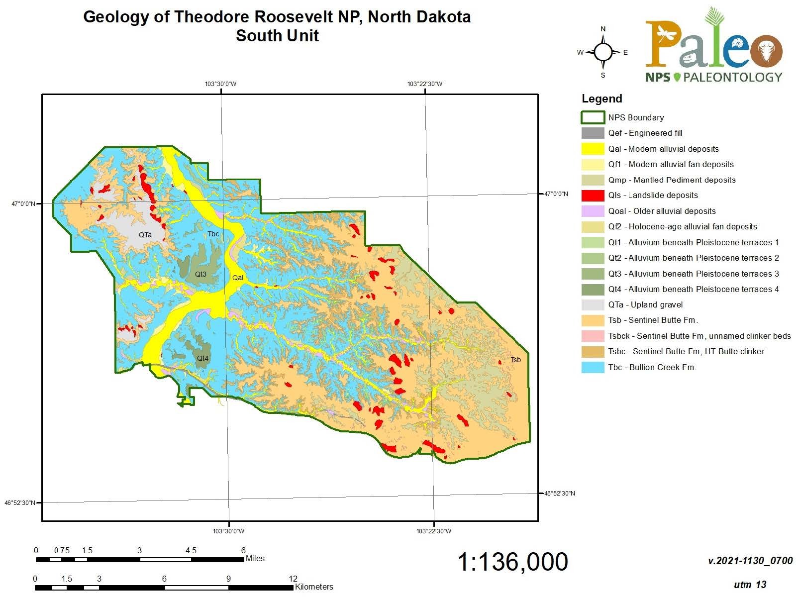 Figure 6.

Figure 6. A geologic map of the South Unit of Theodore Roosevelt National Park, using different colors and acronyms to show the locations of various geologic formations.