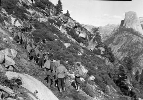 Hiking Lineup of 30th Field Artillery with Colonel Ray W. Barker on the 11 Mile Trail below Glacier Pt.