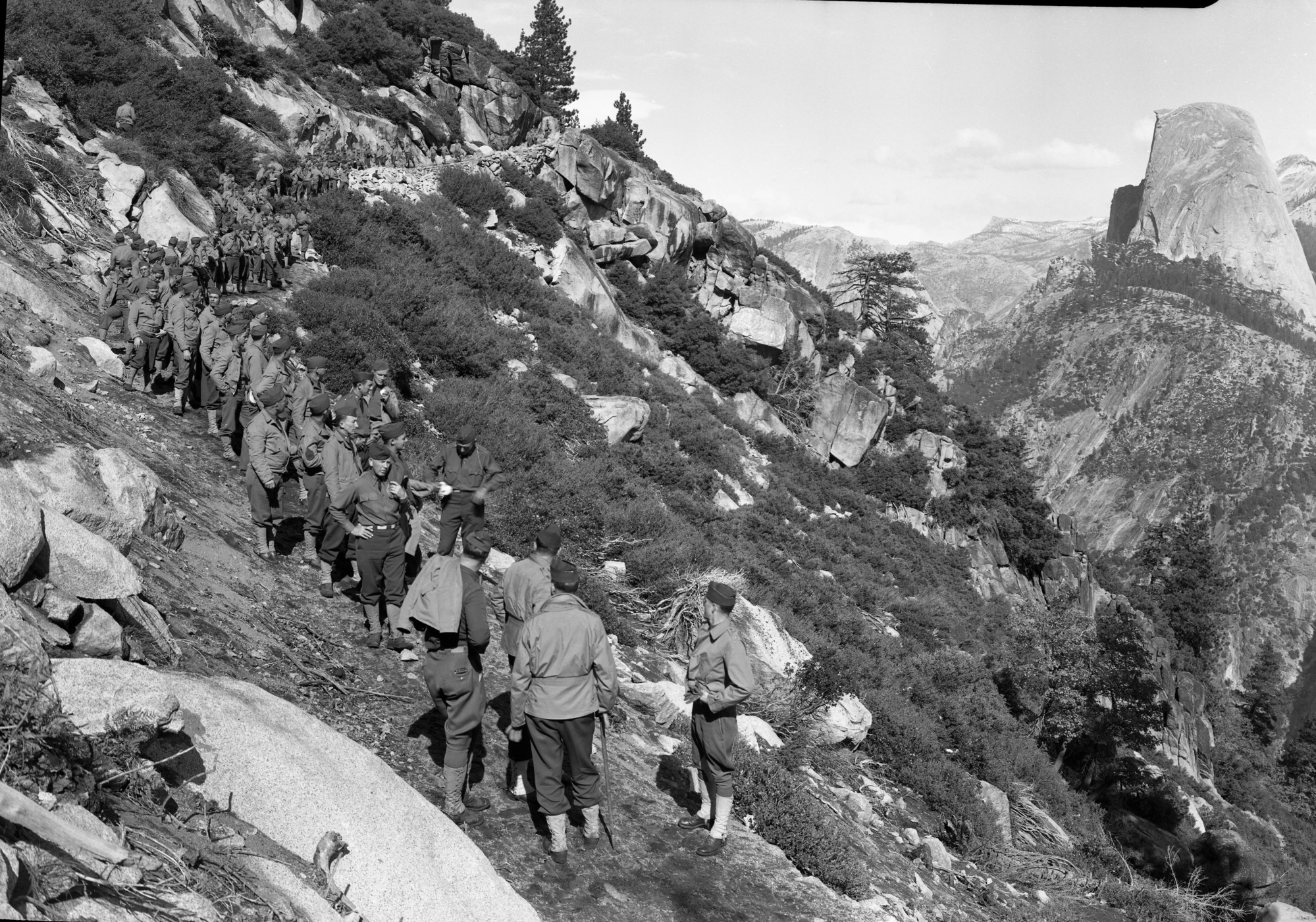 Hiking Lineup of 30th Field Artillery with Colonel Ray W. Barker on the 11 Mile Trail below Glacier Pt.