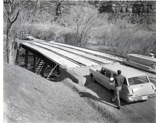 Oak Creek Bridge construction showing supports and planking for bed on which concrete will be poured.