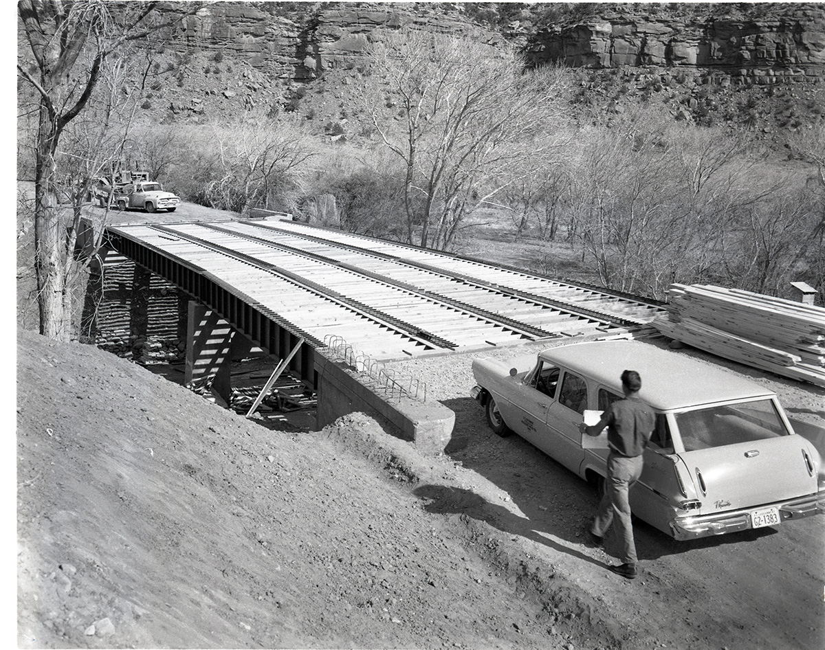 Oak Creek Bridge construction showing supports and planking for bed on which concrete will be poured.