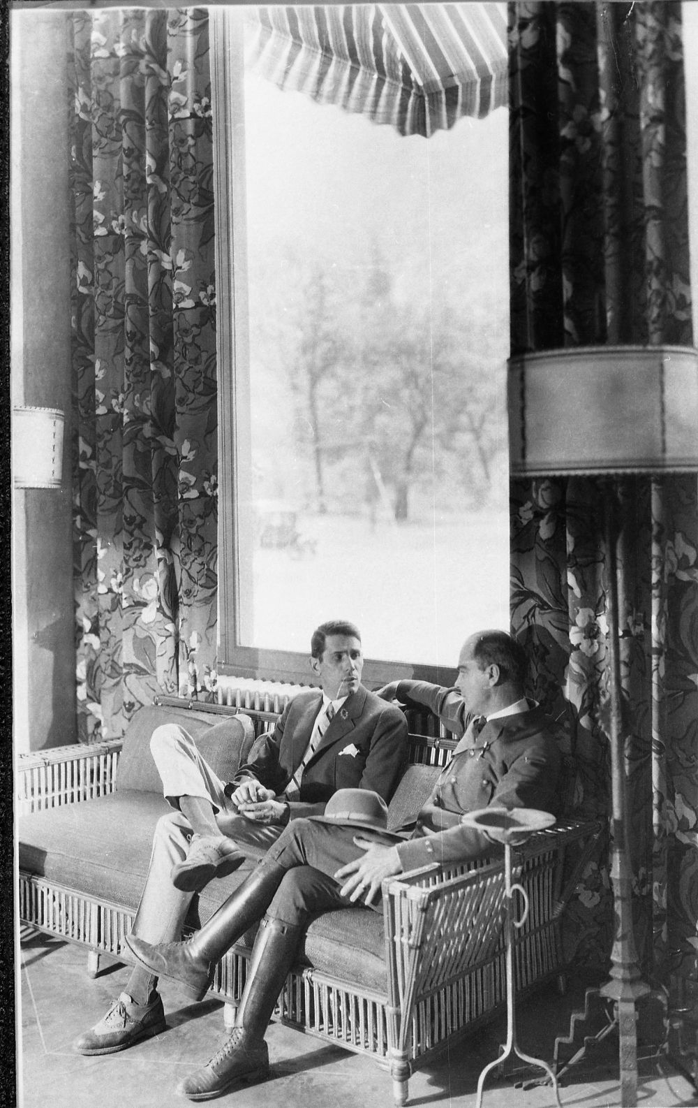 Copy Neg: J. Ernest, 1983. Don Tresidder on left &  Supt. W. B. Lewis at the Ahwahnee Hotel. Original print in over-sized photo drawer in RL.