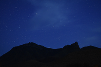 Bright stars and wisps of galactic dust glow in a deep blue night sky over silhouettes of mountains.