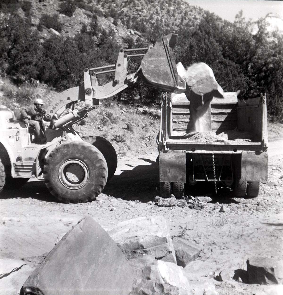 BW photo of rock slide near Echo Rock - 2.5" x 2.5".