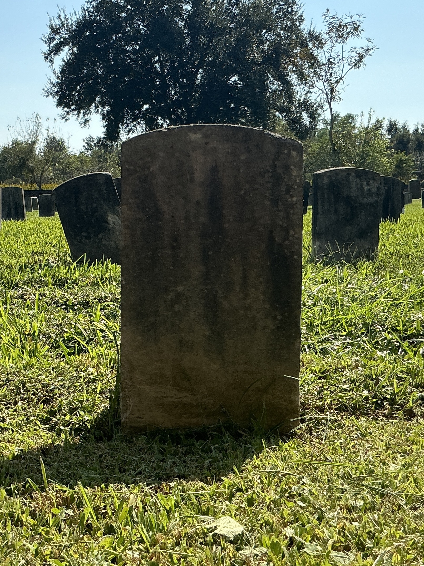 Back of historic upright marble headstone with recessed shield face.