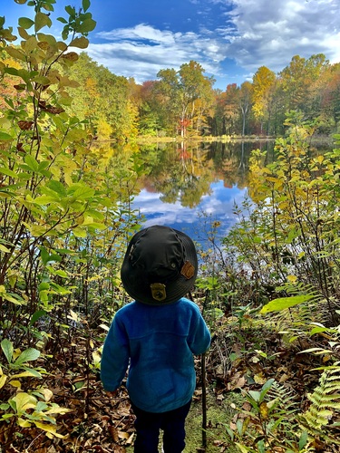 A photograph of a child with a green bucket hat on looking towards a pond with fall leaves reflecting off of it.