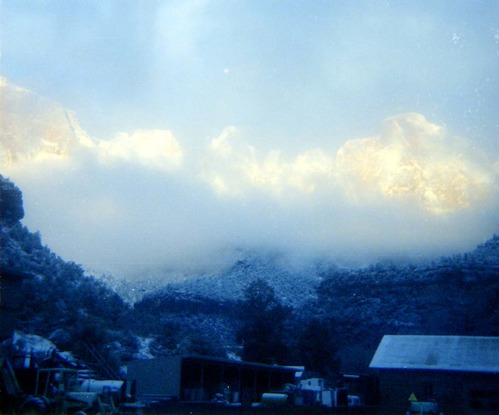 Clouds in sky and mountain back drop during the Zion Lodge utilities project.