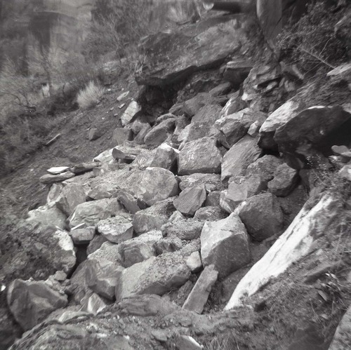 BW photo of rock slide near Echo Rock - 2.5" x 2.5".