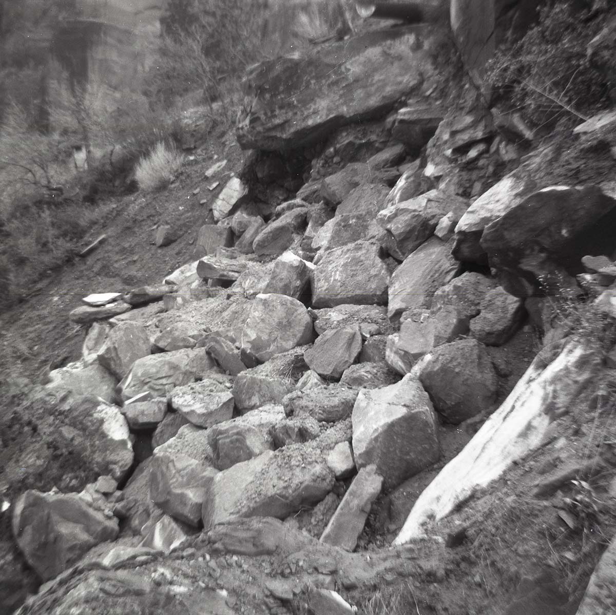 BW photo of rock slide near Echo Rock - 2.5" x 2.5".