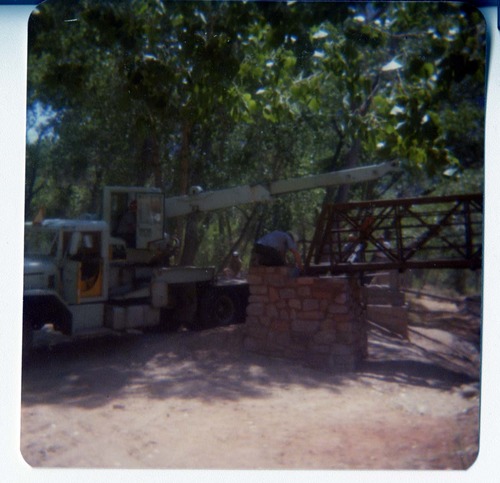 Construction vehicle working during the emplacement of the new Zion Lodge footbridge.