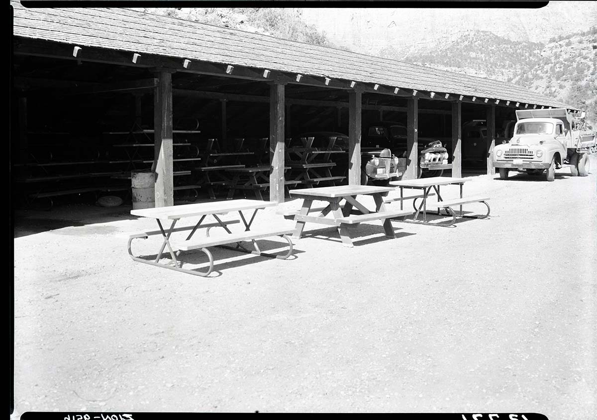 Three types of picnic tables in Maintenance Yard.