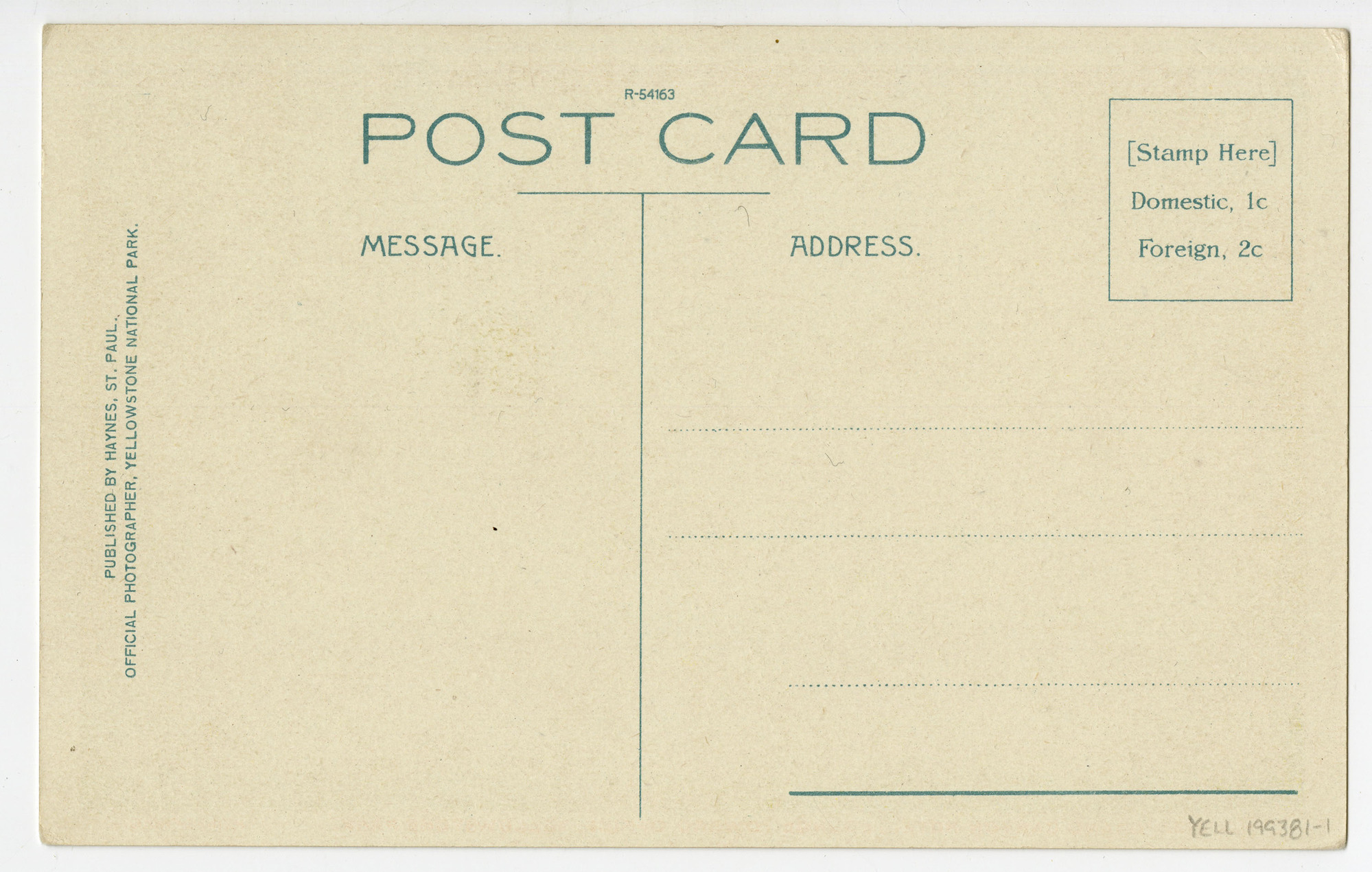 No. 213. Grand Canyon Hotel, Lounge Toward Office, Yellowstone Park (Postcard)