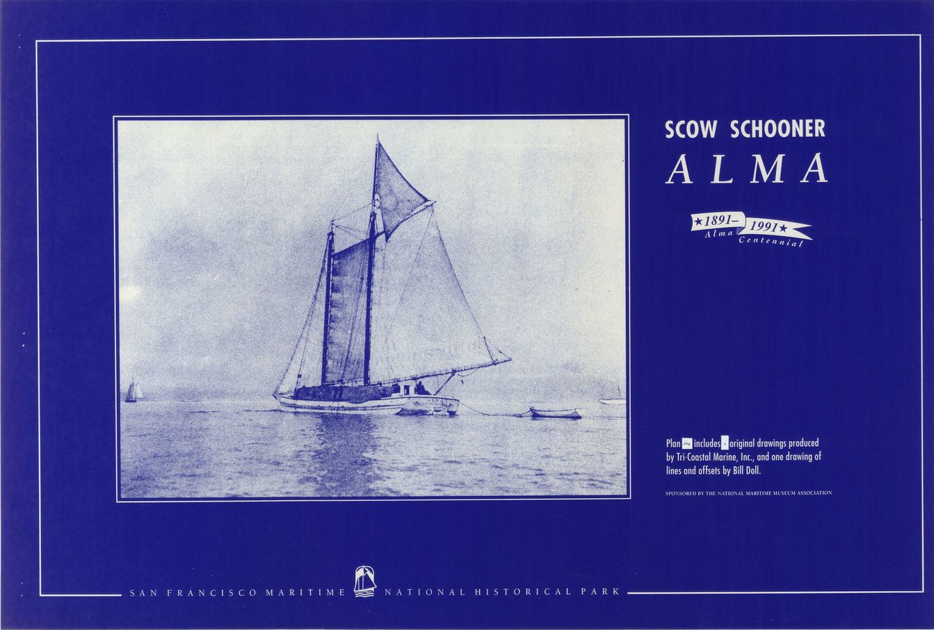 Scow schooner Alma : plan package : includes 4 original drawings produced by Tri-Coastal Marine, Inc., and one drawing of lines and offsetts by Bill Doll ; sponsored by the National Maritime Museum Association