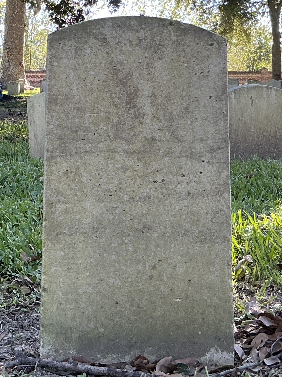 Back of historic upright marble headstone with recessed shield face.
