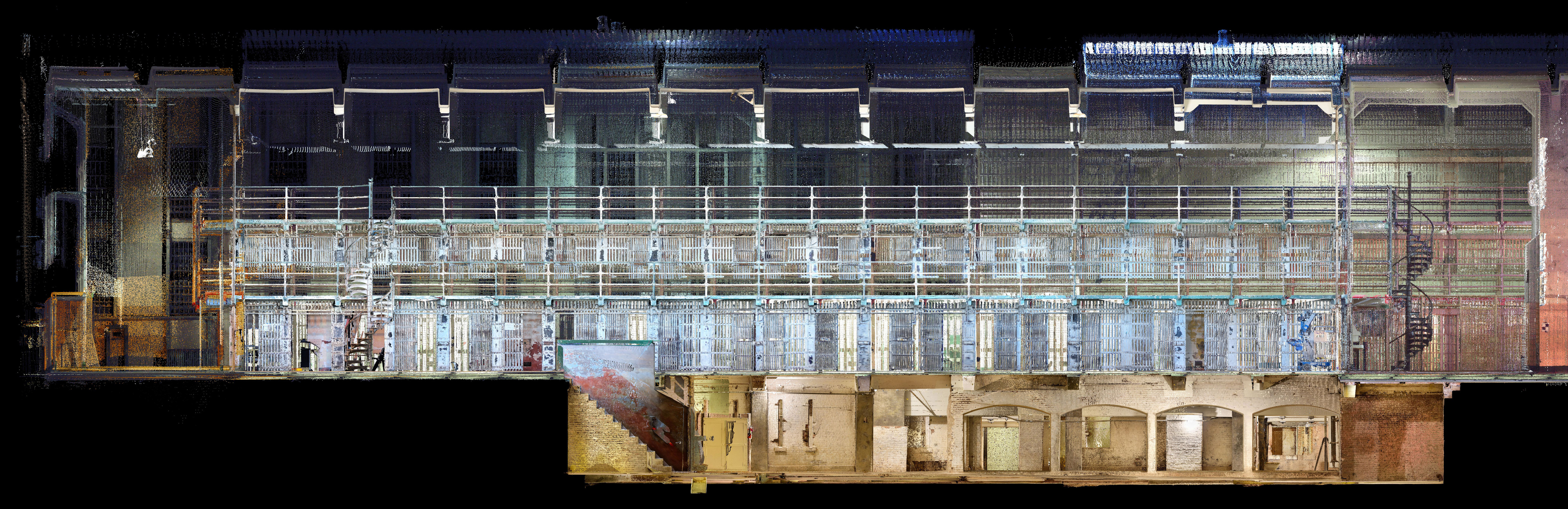 Composite image of prison cells and basement rooms in cross-section