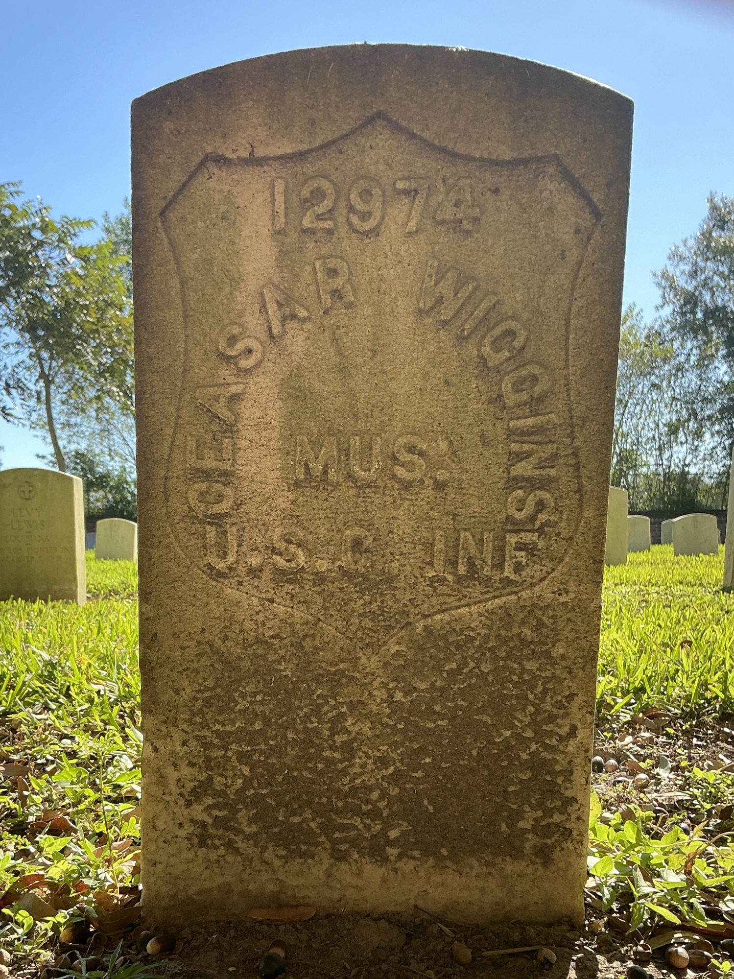 Front of historic upright marble headstone with recessed shield face.