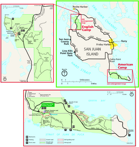 3 maps showing boundaries of park's English Camp and American Camp units and surrounding regions.