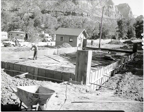 Construction of new residences, Watchman Housing Area - placing forms for pouring concrete foundation, residence Building 35.