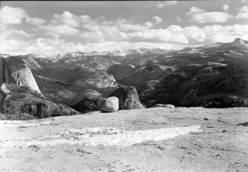 Panorama from Sentinel Dome. View of Half Dome and Little Yosemite Valley.