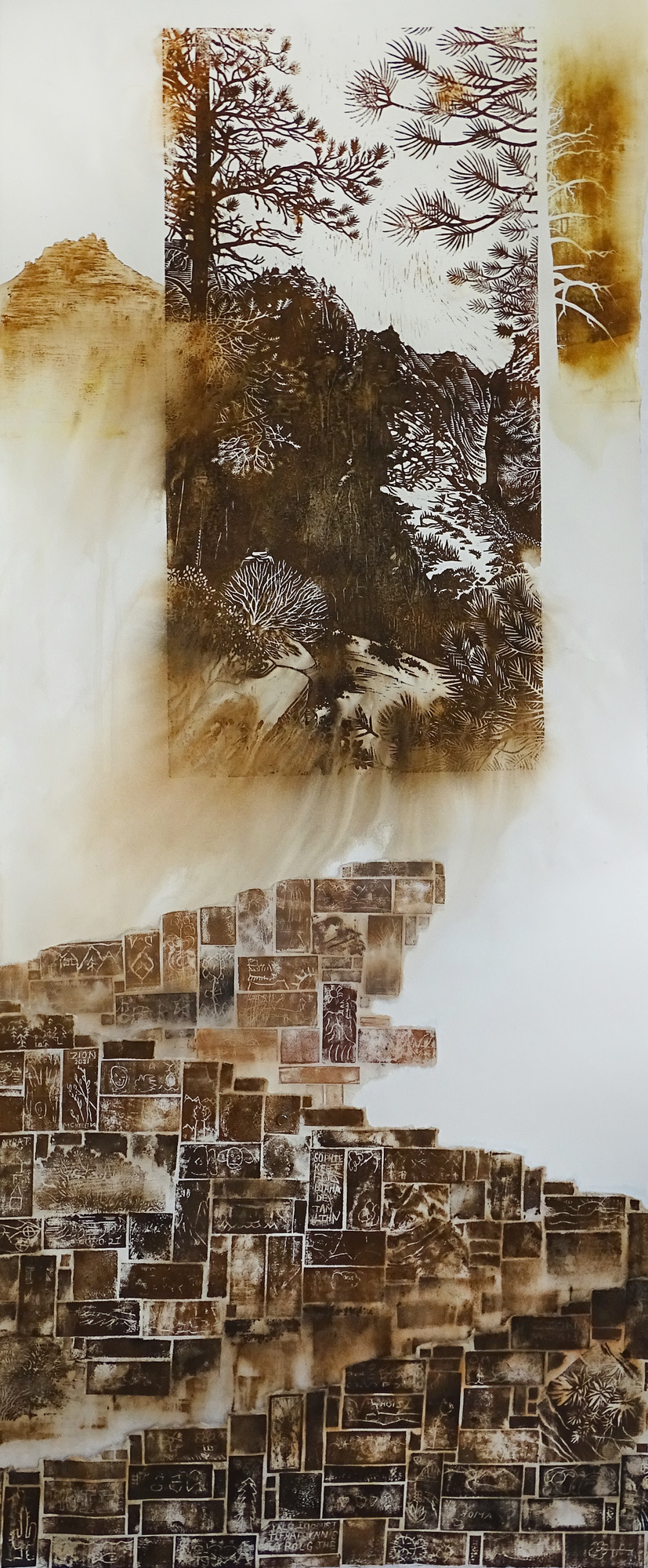 A monochrome image composed of multiple woodcut prints put together. In the center of the image, a black-and-white view shows Angels Landing and the trail leading up to the peak. Below, a huge variety of rectangular prints form "bricks" in a winding staircase up to the central image. The "staircase" stops just short of the image. The individual "bricks" contain a variety of small woodcut images and patterns.