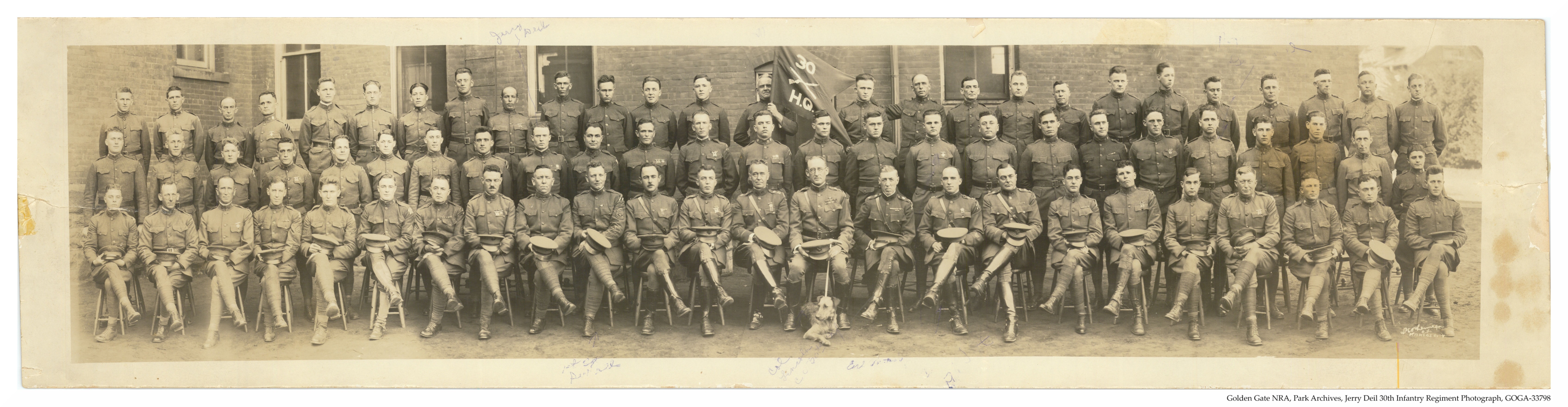 30th infantry regiment taken in the presidio of San Francisco in 1923 in front of brick barracks. 