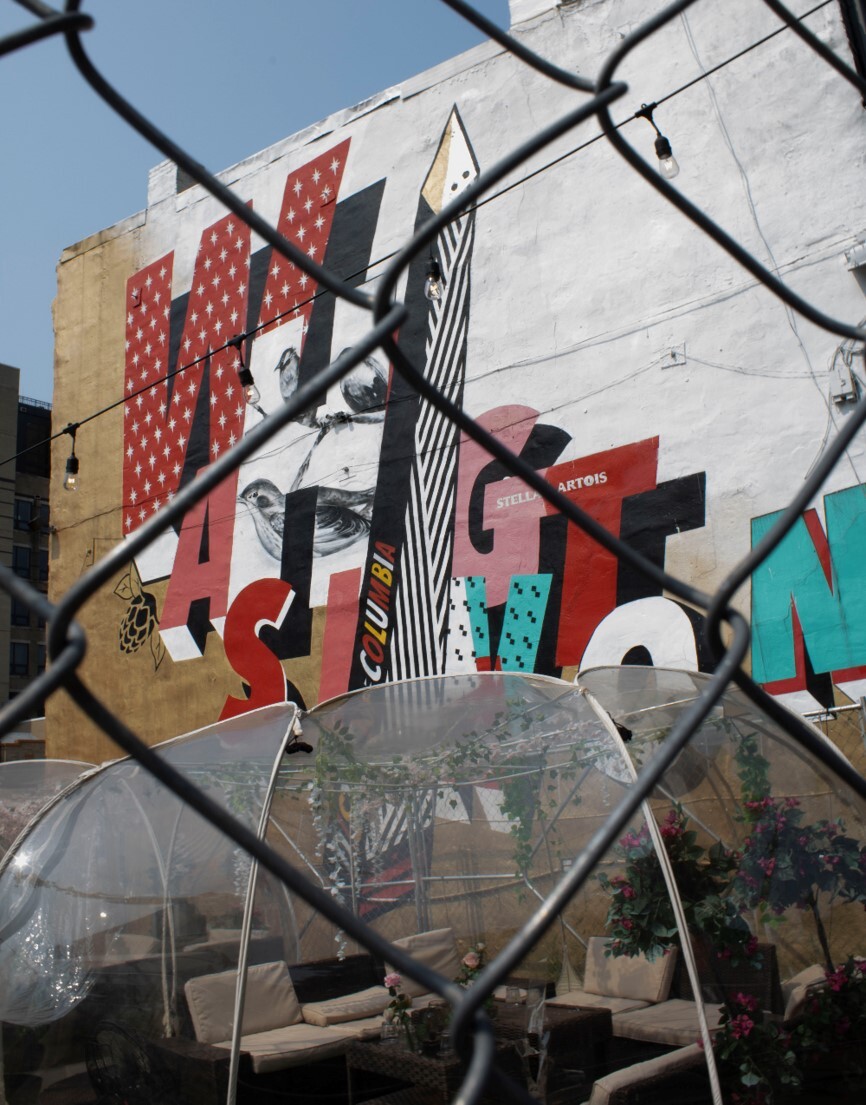 Washington Mural behind a wire fence. 
