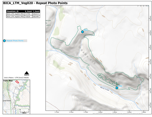 Map of repeat photo point locations for one of fifteen areas where long-term monitoring of sage-steppe vegetation occurs starting in 2011 in Bighorn Canyon National Recreation Area.