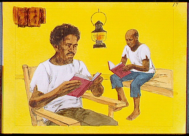 Two slaves reading by lantern light.